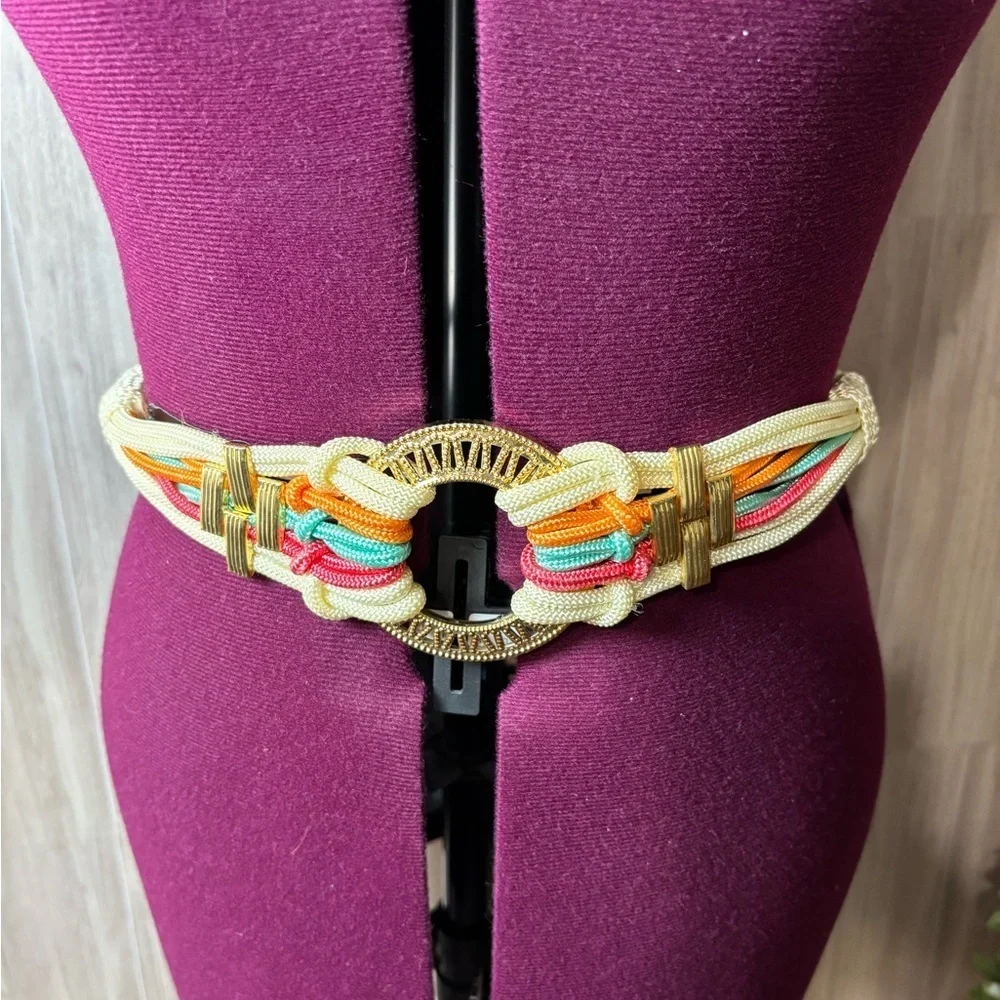 Vibrant Multicolor Vintage 80’s Woven Rope Belt with Gold Details